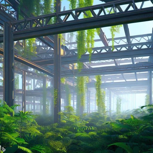  Ein Stahlgerüst im Hallenbau, das von üppigem Pflanzenbewuchs umgeben ist. Die grünen Pflanzen ranken sich um das Stahlgerüst und verleihen der Struktur eine natürliche, ökologische Note. Das Bild symbolisiert die harmonische Verbindung von Stahlbau und Natur im nachhaltigen Hallenbau.